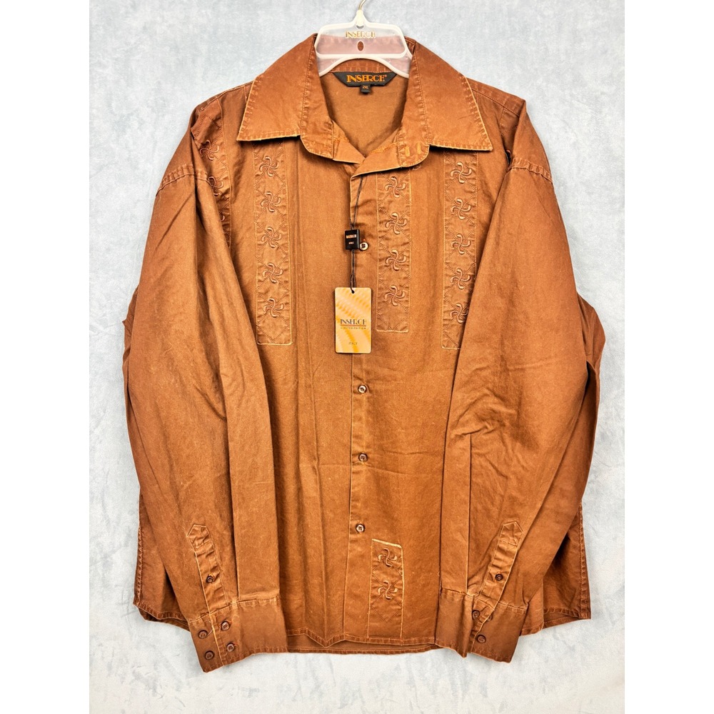 Inserch Limited Edition Mens 2XL Brown Embroidered Cotton Button Down Shirt NWT
